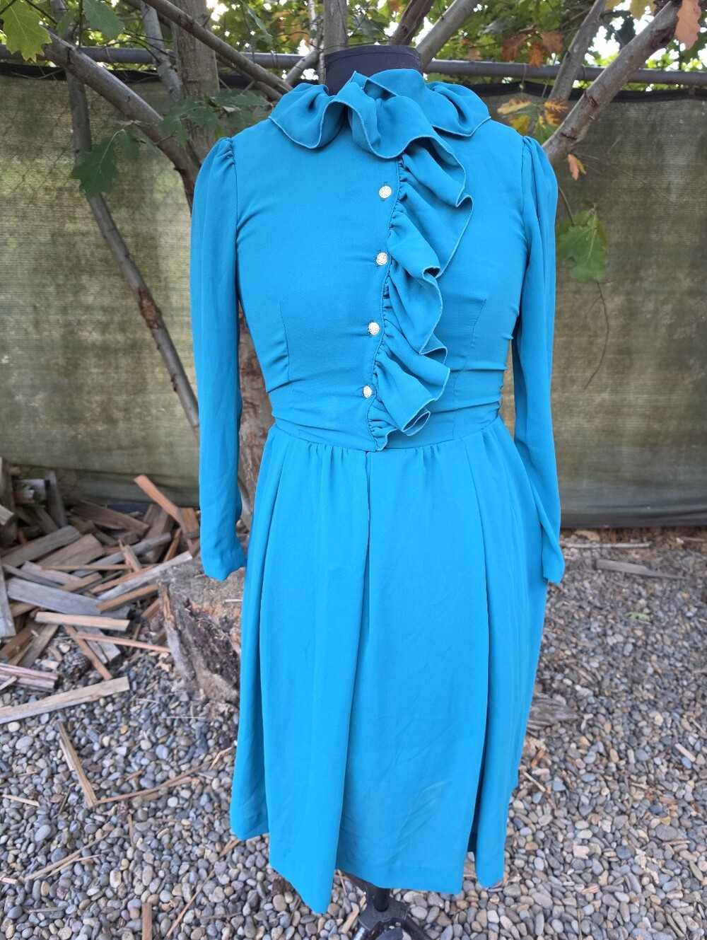 Vtg 80's Jack Bryan Teal Ruffle Midi Dress Neo-Victorian Secretary